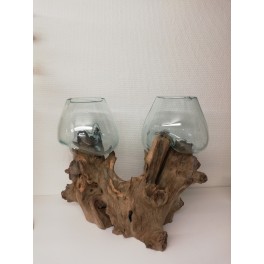 Træskulptur med to glas skål 