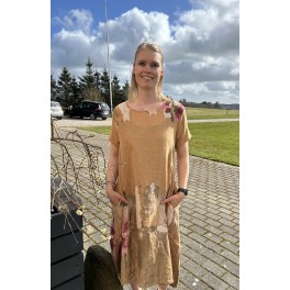 Hør kjole med lommer og stræk jersey